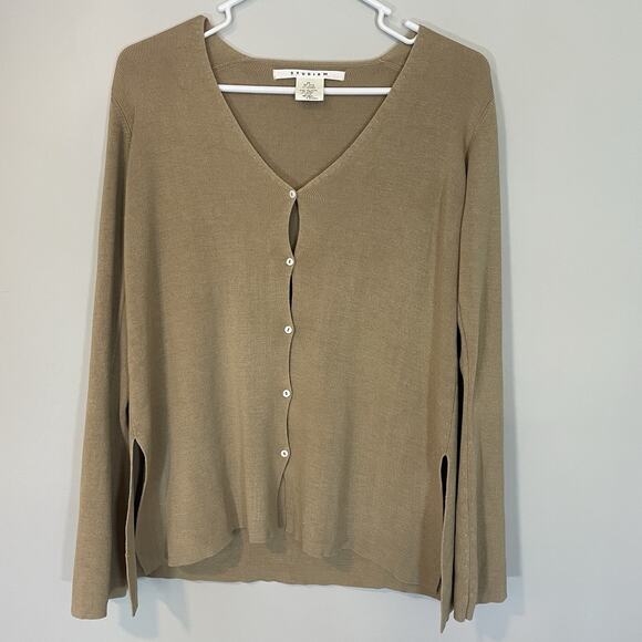 Y2K Silk Blend Knit Cardigan Size XS Tan Studio M Preppy Coastal Classic Teacher - Picture 1 of 8